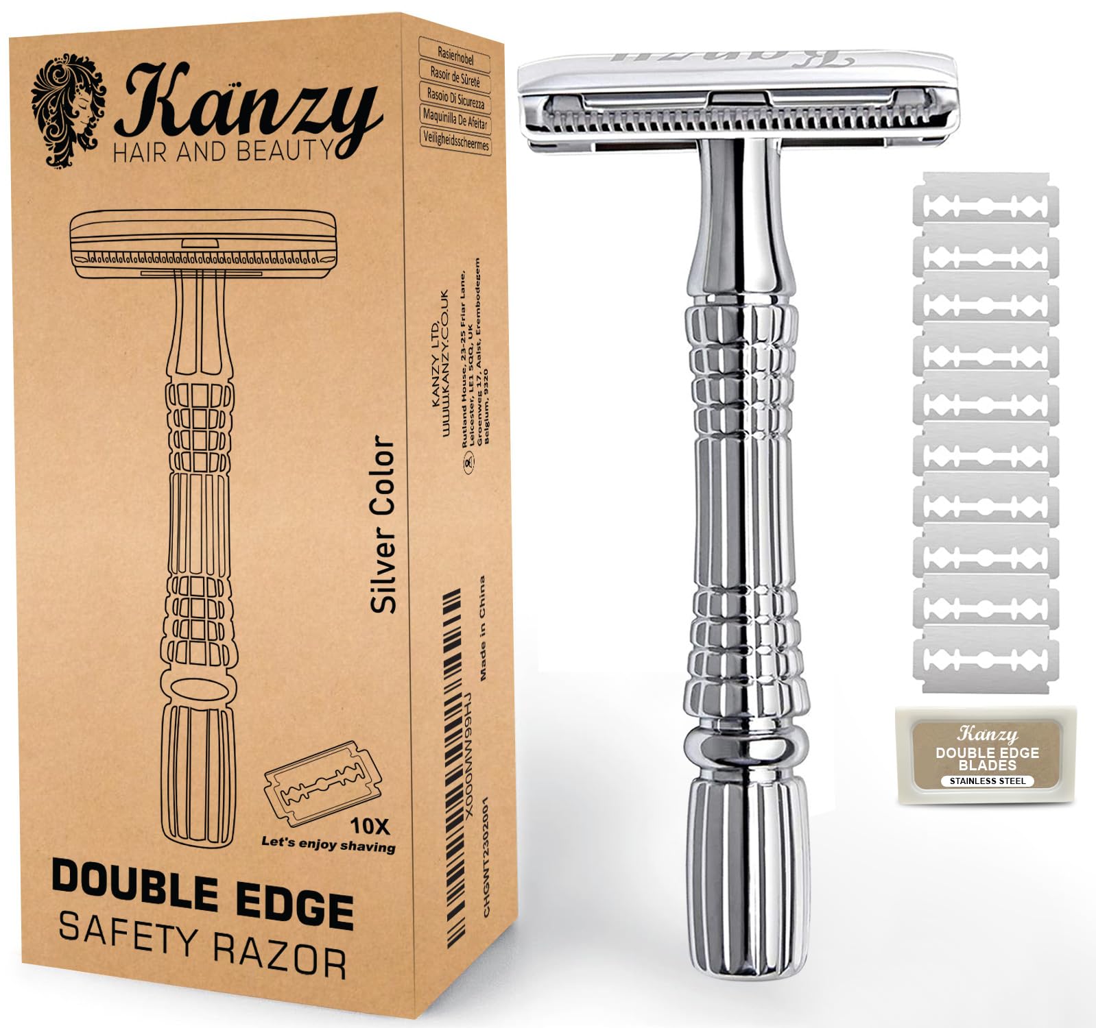 KANZY Stainless Steel Double Edge Safety Razor for Men & Women